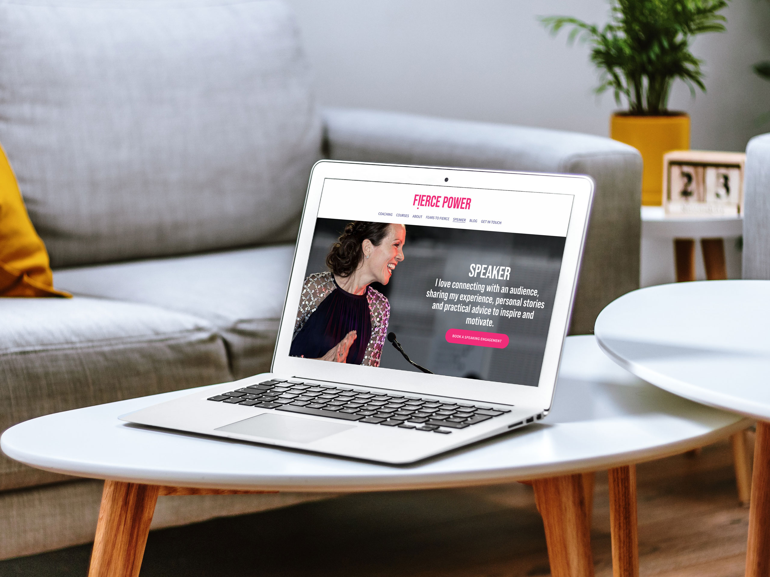 Laptop showing a web page for Fierce Power, run by Brita Fernandez-Schmidt. Brand by Yoco Studio, Squarespace website designed and built by Dmarzdesigns.