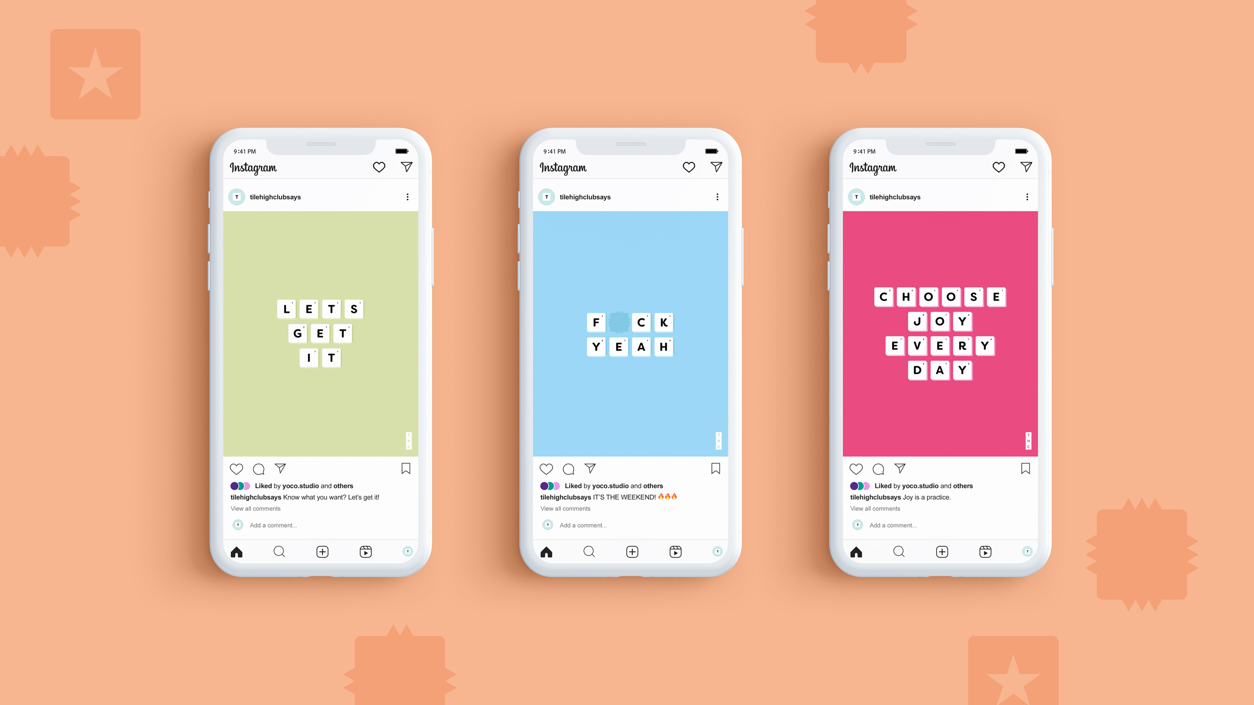 Social media content designs seen on mobile phones, featuring Tile High Club's signature sassy quotes.