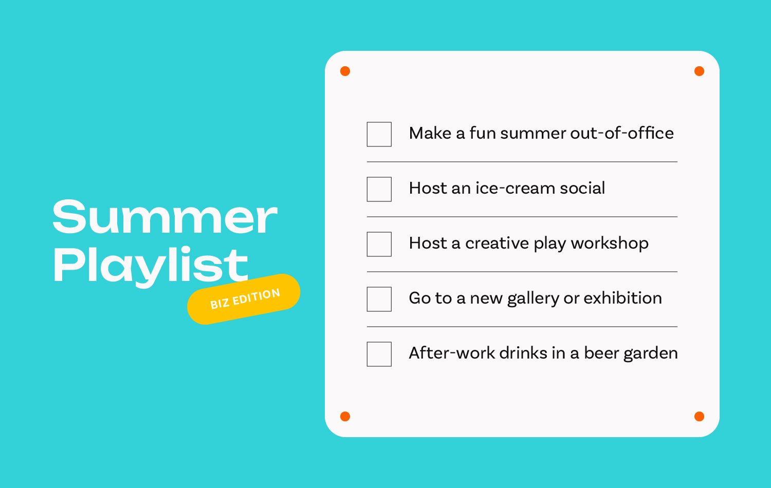 A to-do list on a blue background showing Yoco Studio's Summer Playlist: Biz Edition.
