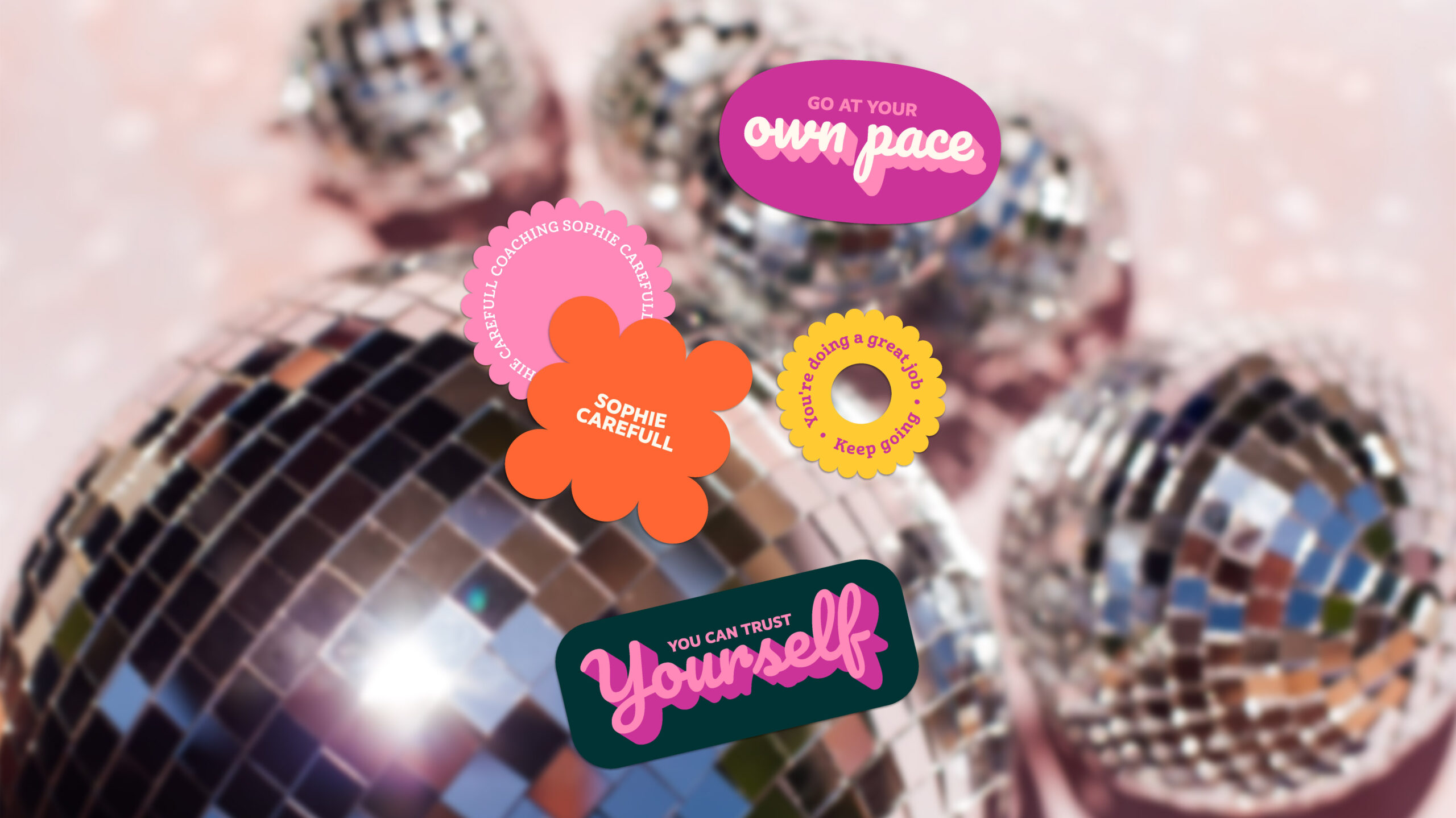 Custom branded stickers designed by Yoco Studio, as part of the vibrant rebrand for Sophie Carefull Coaching.